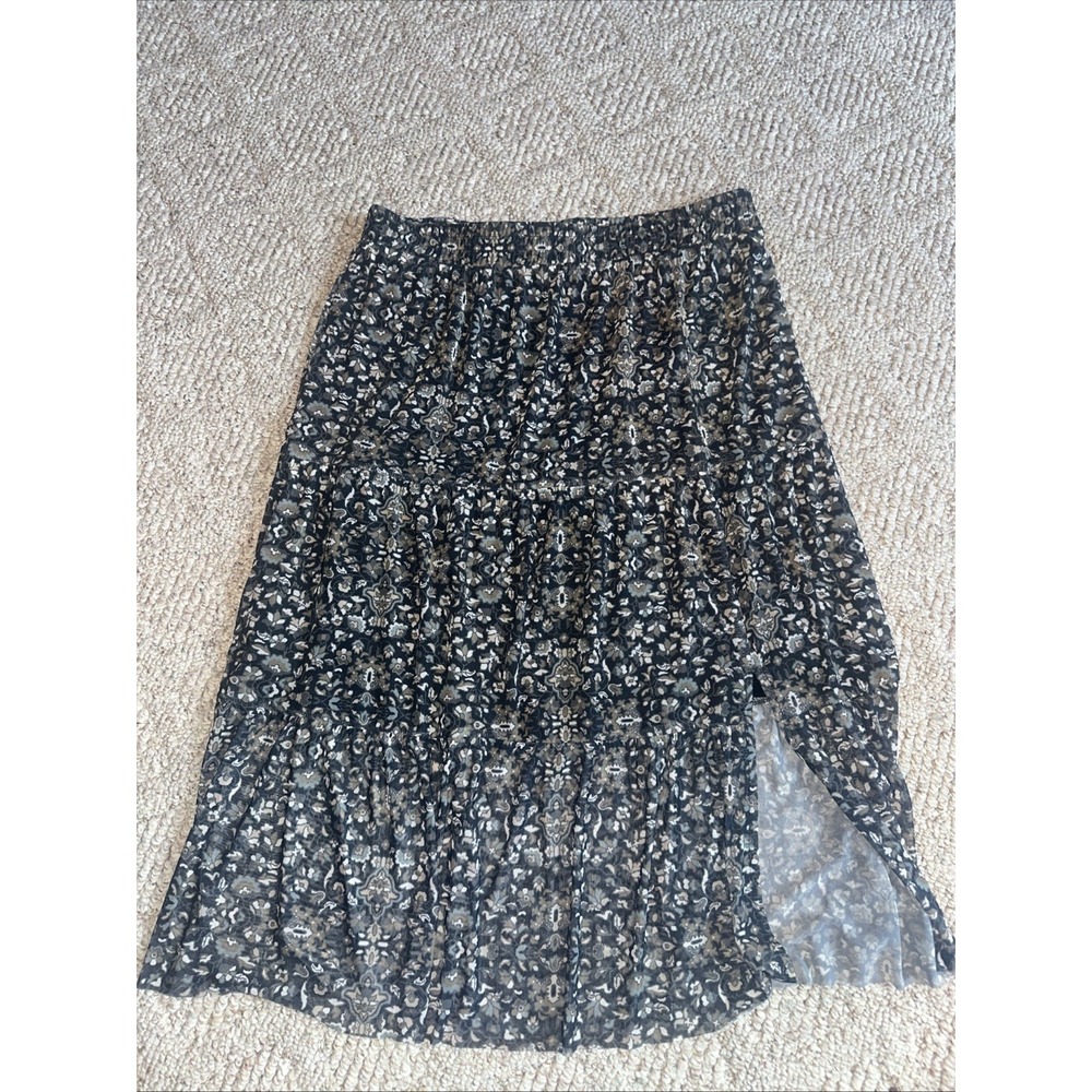 Womens Canyon Retreat Mesh Tiered Midi Skirt Black Floral Elastic Waist Medium‎